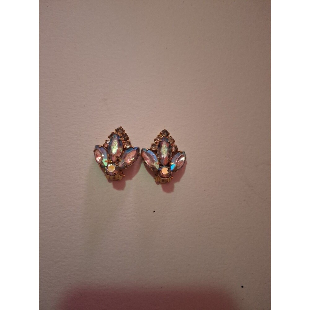Vintage Unsigned Clip Back Earrings -AB / Aurora Borealis Rhinestones